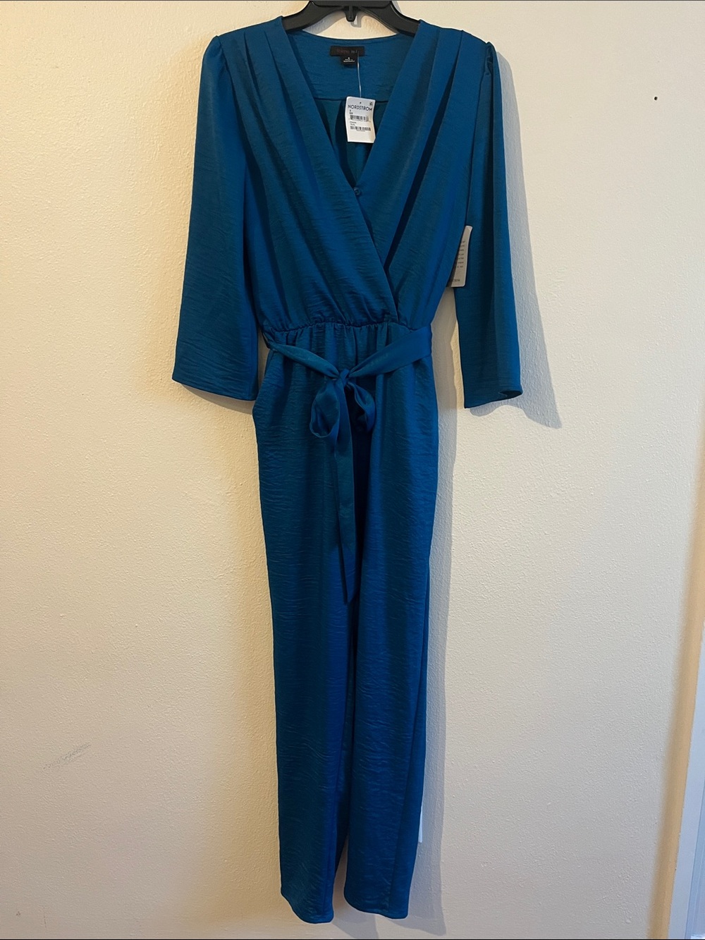 Fraiche By J Teal 3/4 Sleeve Wrap Jumpsuit v-neck w/pockets Nordstrom